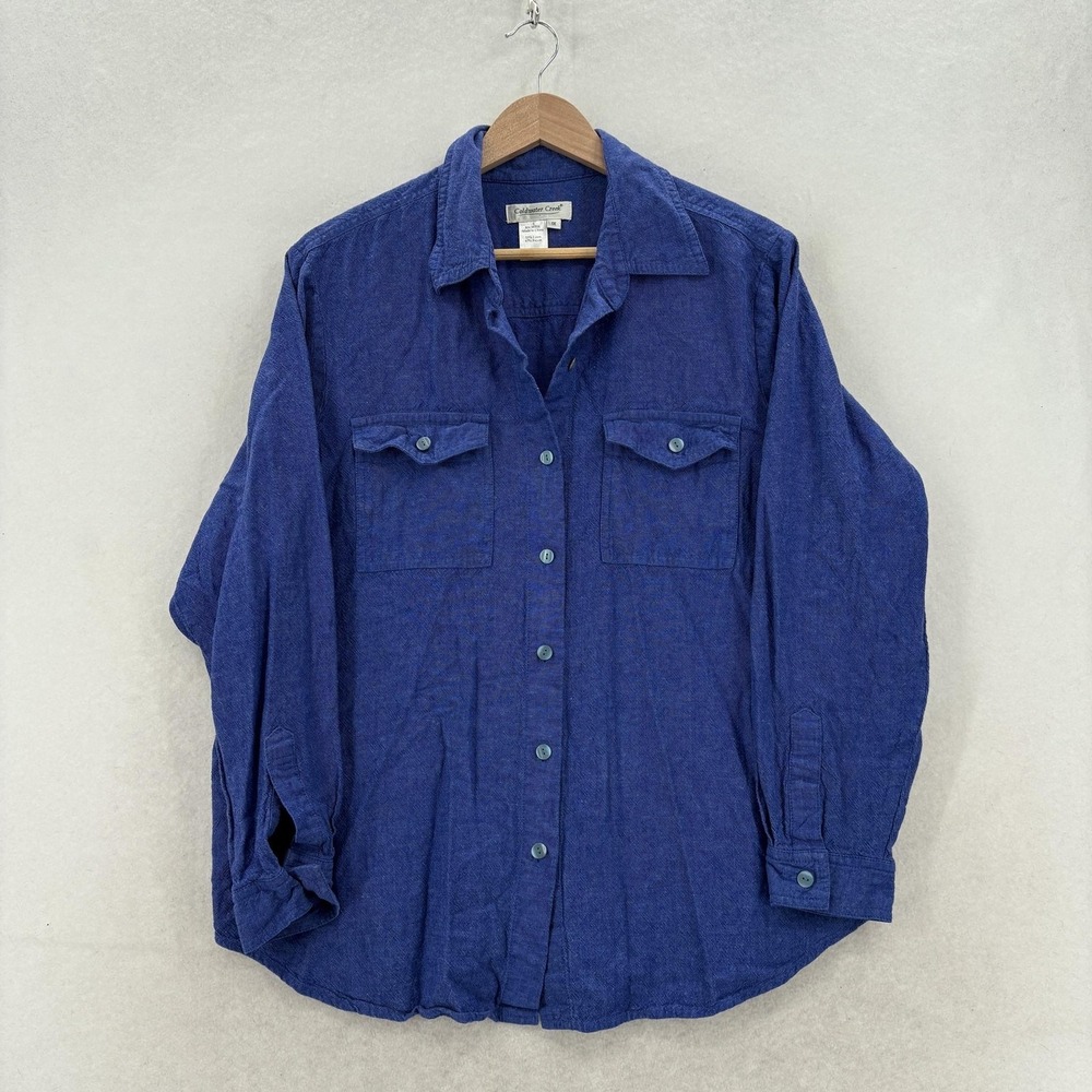 Coldwater Creek Shirt Womens 1X Plus Blue Linen Rayon Button Up Long Sleeve Top